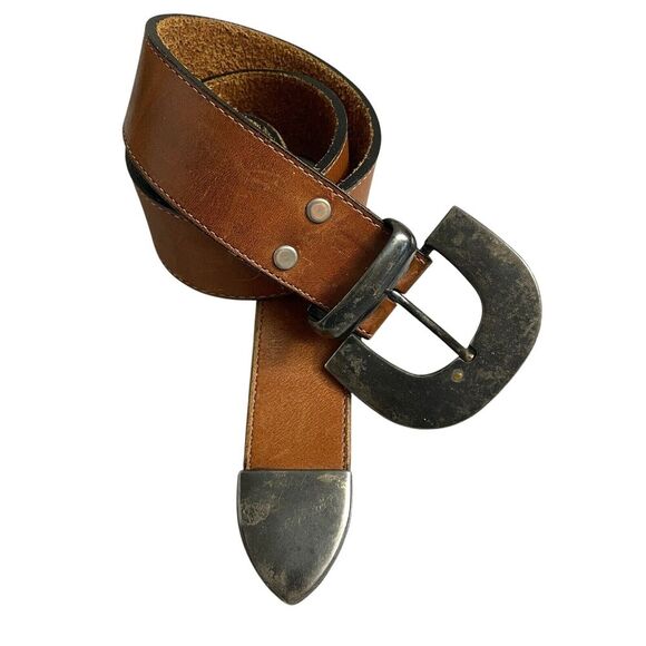 Vtg Another Line Leather Belt Brown Distressed 1.5" Made in USA Copper? Buckle - Picture 1 of 10